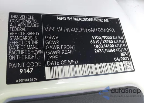 2021 Mercedes-Benz Sprinter 2500 High Roof I4 z USA, uszkodzony, nr VIN W1W40CHY6MT056093